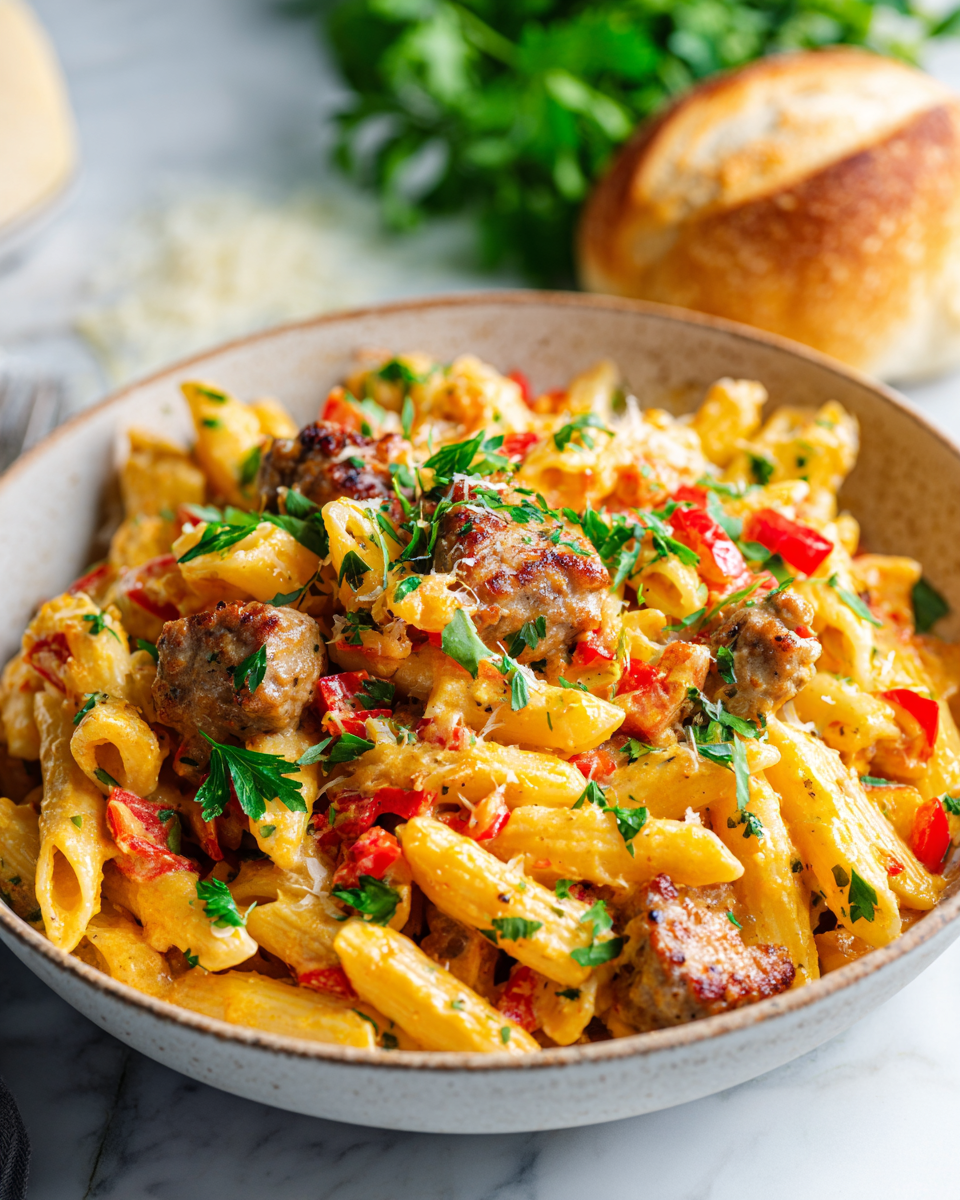 One-Pot Cheesy Sausage Pasta featuring Italian sausage and creamy sauce, quick and delicious meal for holidays