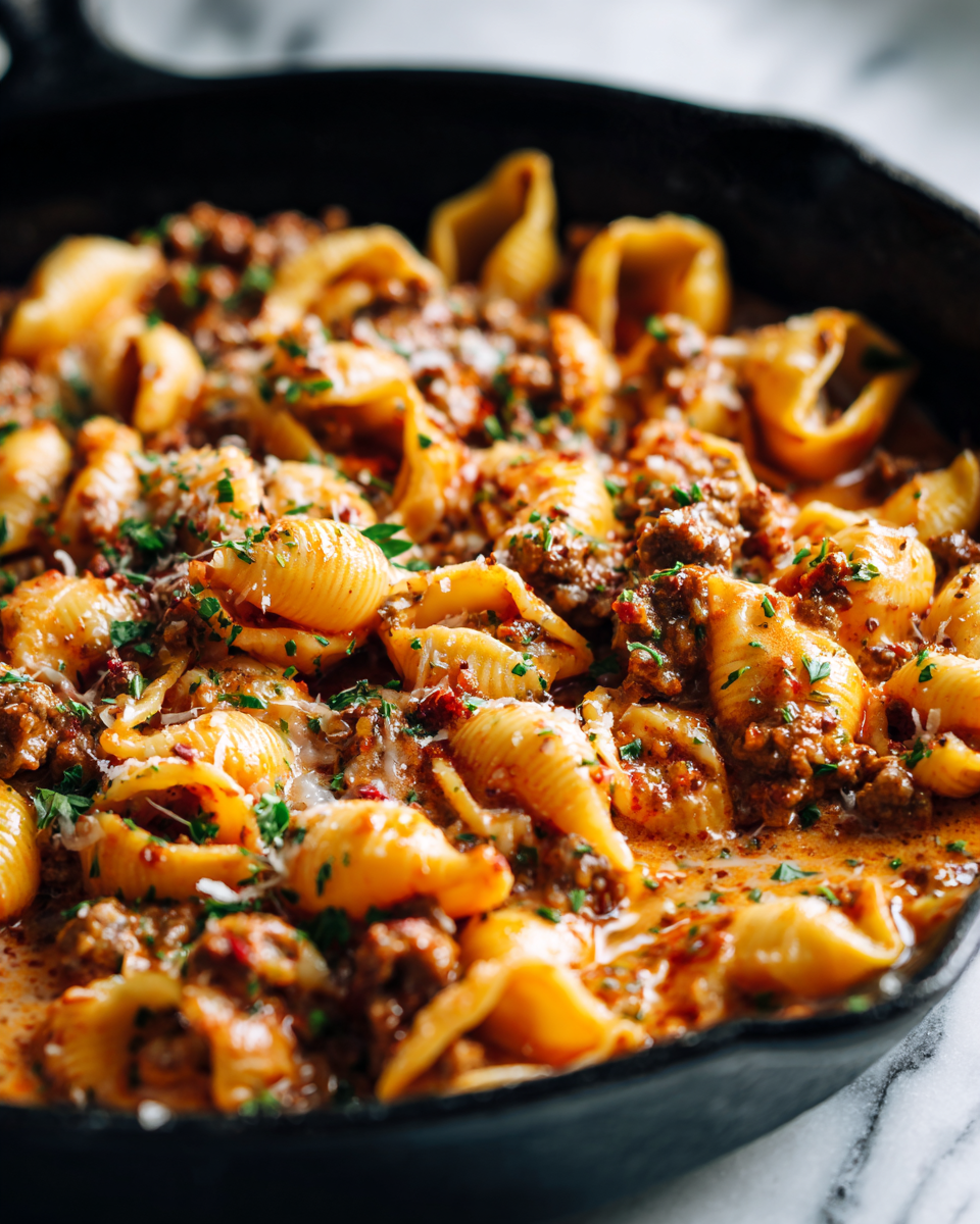 One-Pot Creamy Beef and Shells dish, a comforting pasta recipe perfect for fall gatherings. Quick and easy comfort food for busy weeknights.