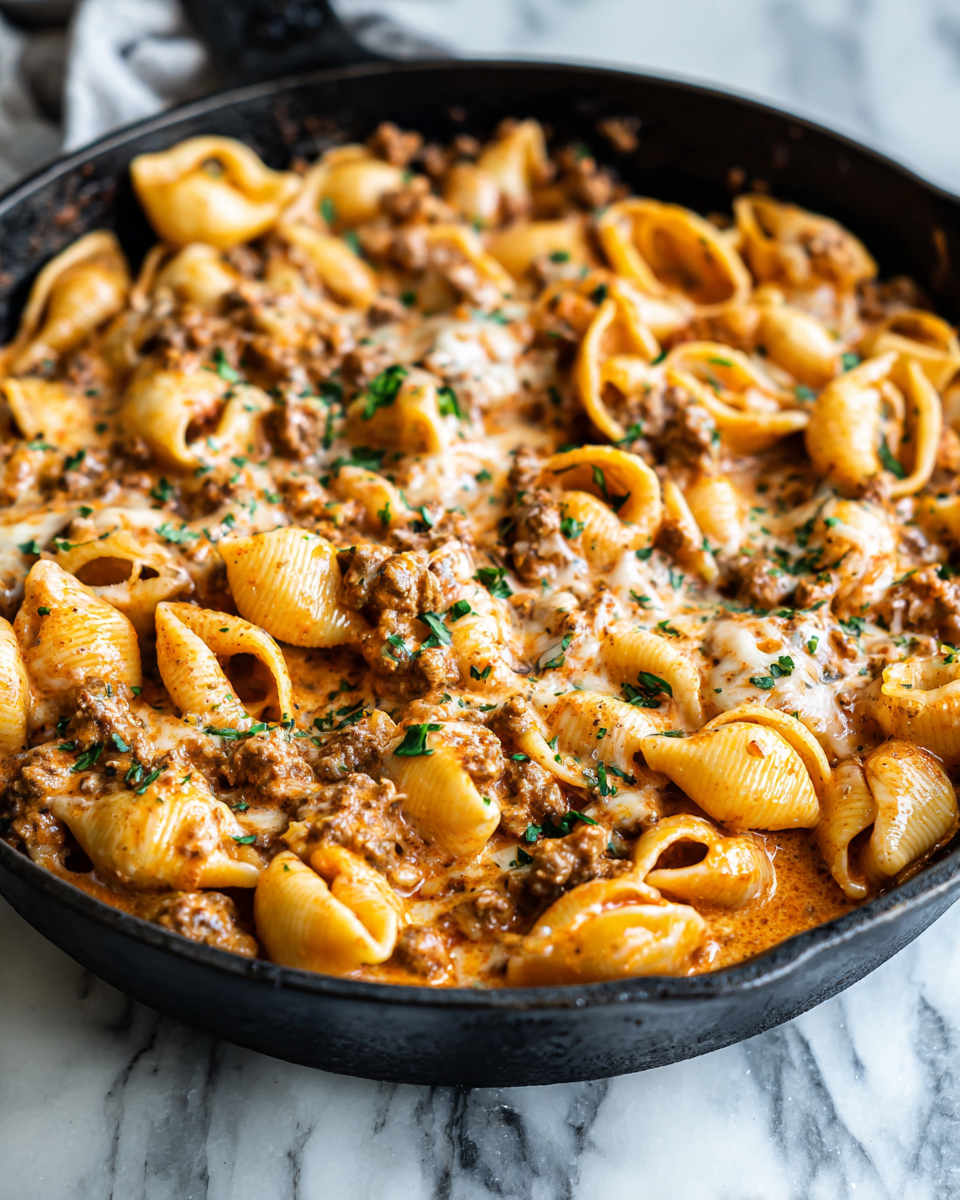 One-Pot Creamy Beef and Shells dish, a comforting pasta recipe perfect for fall gatherings. Quick and easy comfort food for busy weeknights.
