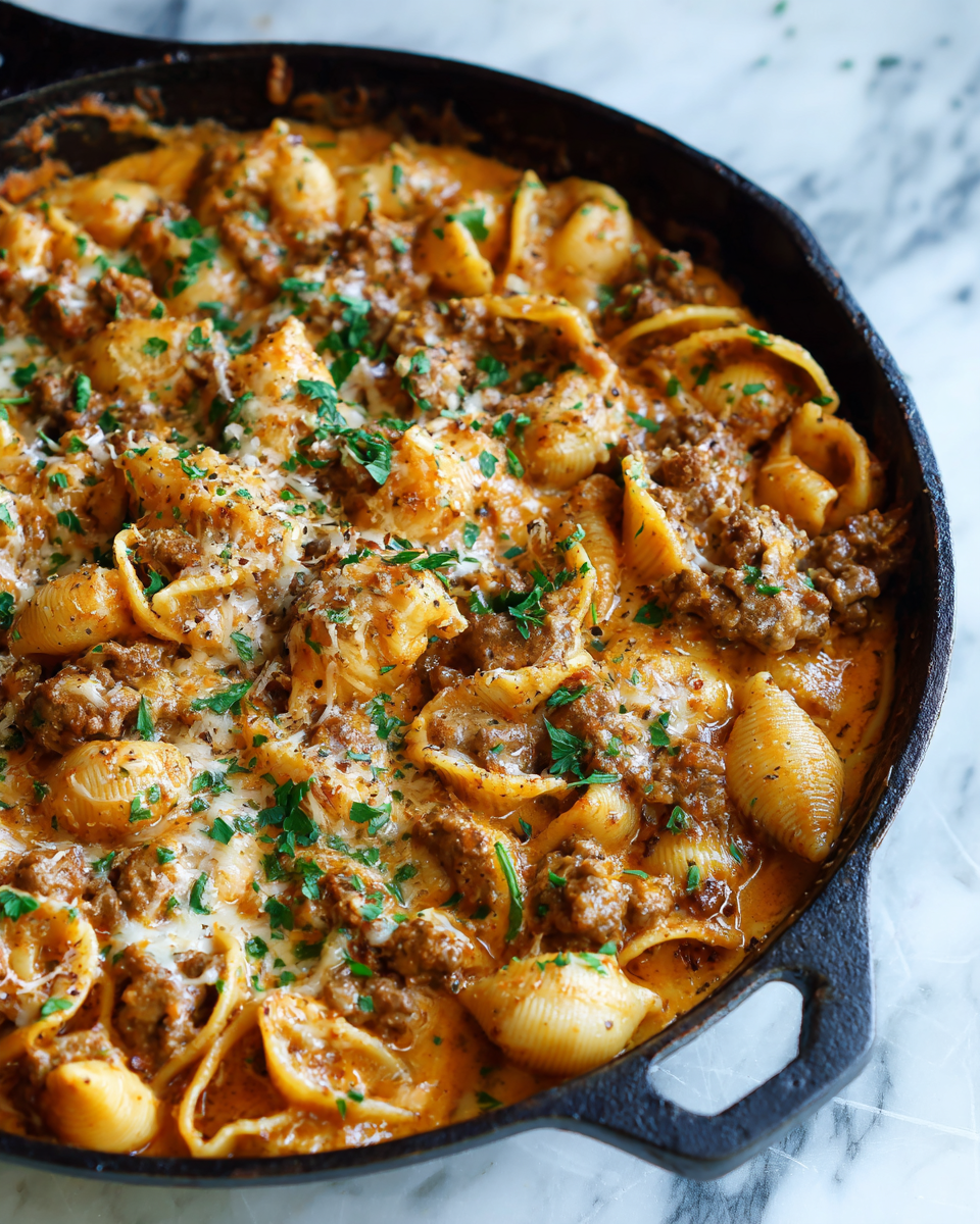 One-Pot Creamy Beef and Shells dish, a comforting pasta recipe perfect for fall gatherings. Quick and easy comfort food for busy weeknights.