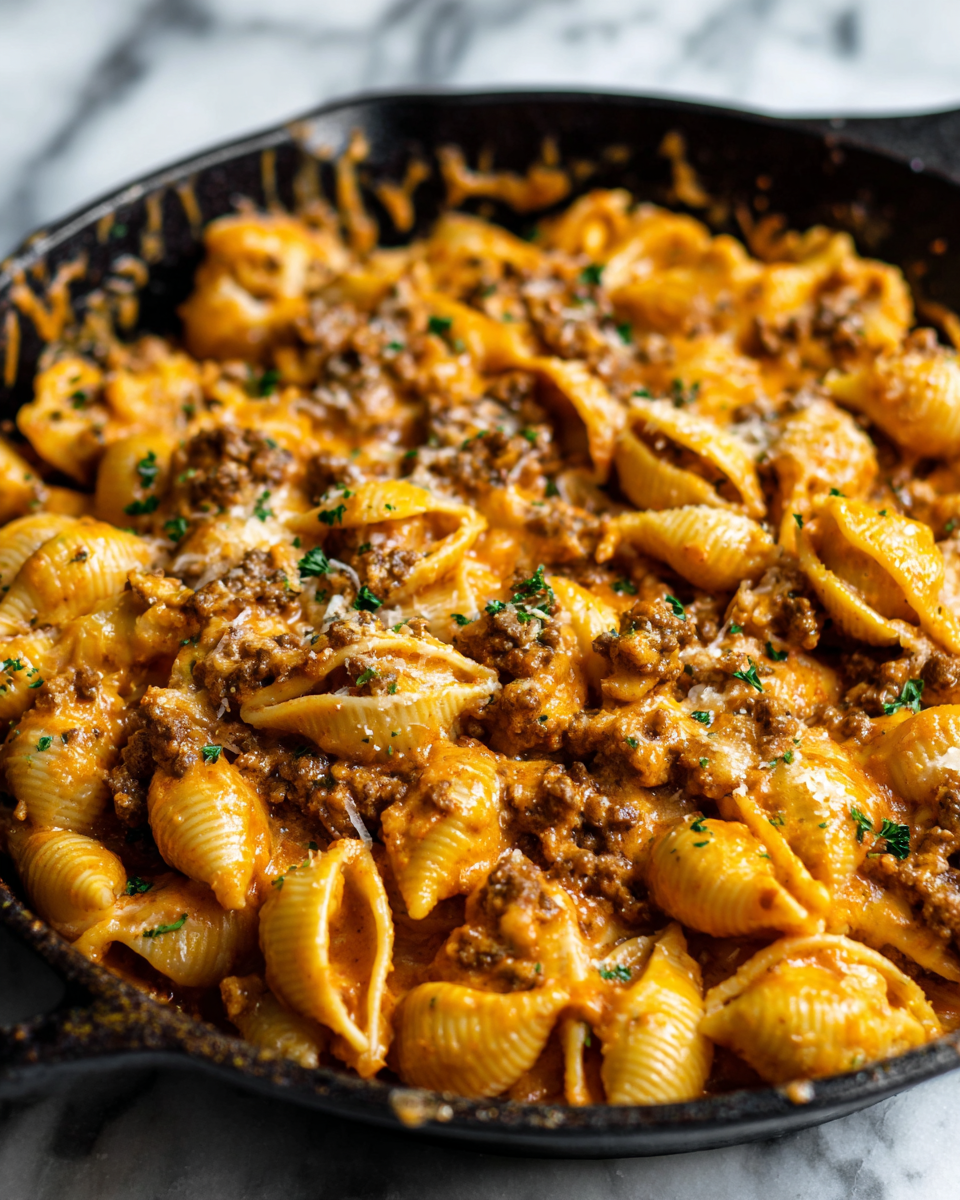 One-Pot Creamy Beef and Shells dish, a comforting pasta recipe perfect for fall gatherings. Quick and easy comfort food for busy weeknights.