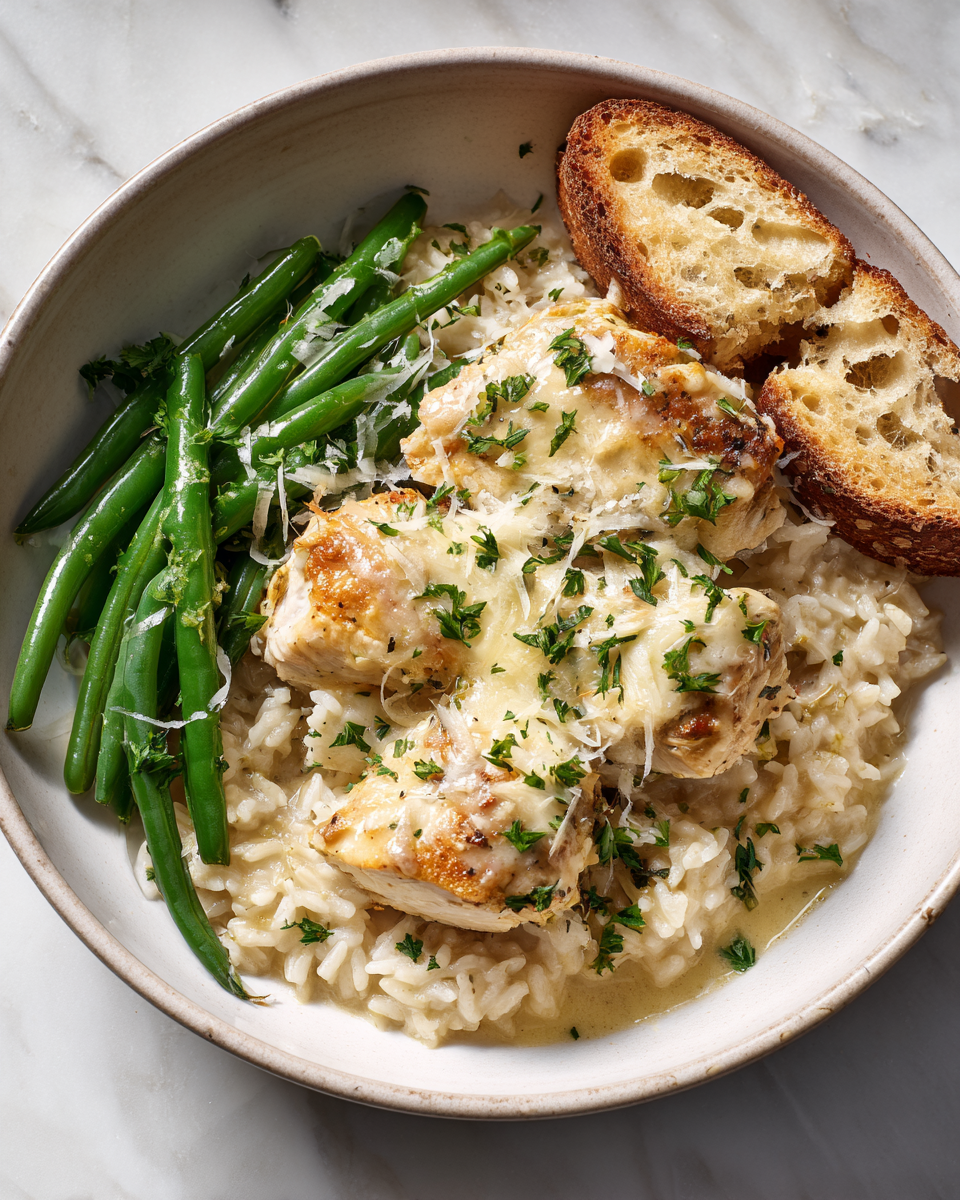 Creamy Parmesan chicken and rice in one pan, a cozy and comforting dish perfect for family gatherings in autumn.