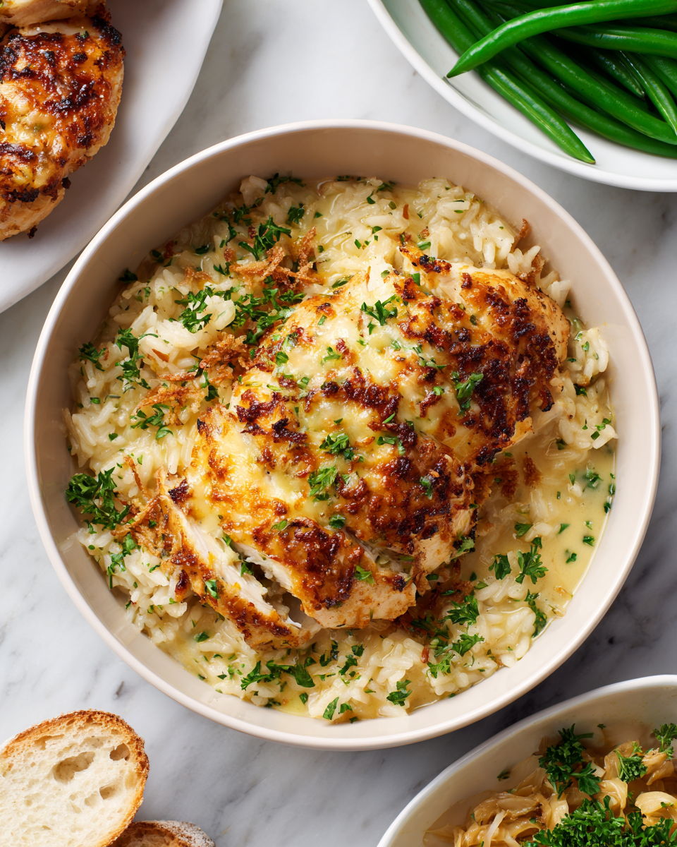 Creamy Parmesan chicken and rice in one pan, a cozy and comforting dish perfect for family gatherings in autumn.