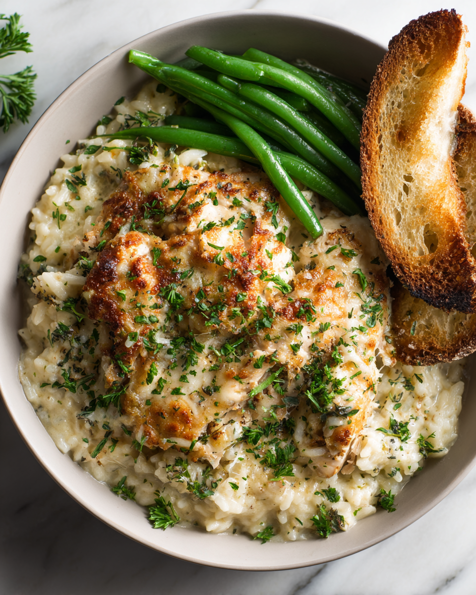 Creamy Parmesan chicken and rice in one pan, a cozy and comforting dish perfect for family gatherings in autumn.