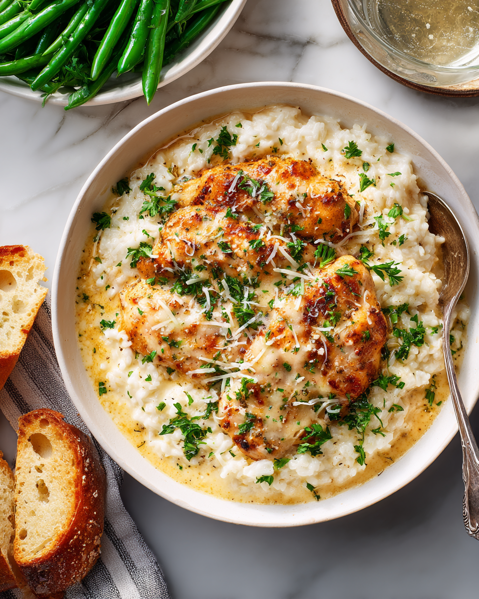 Creamy Parmesan chicken and rice in one pan, a cozy and comforting dish perfect for family gatherings in autumn.