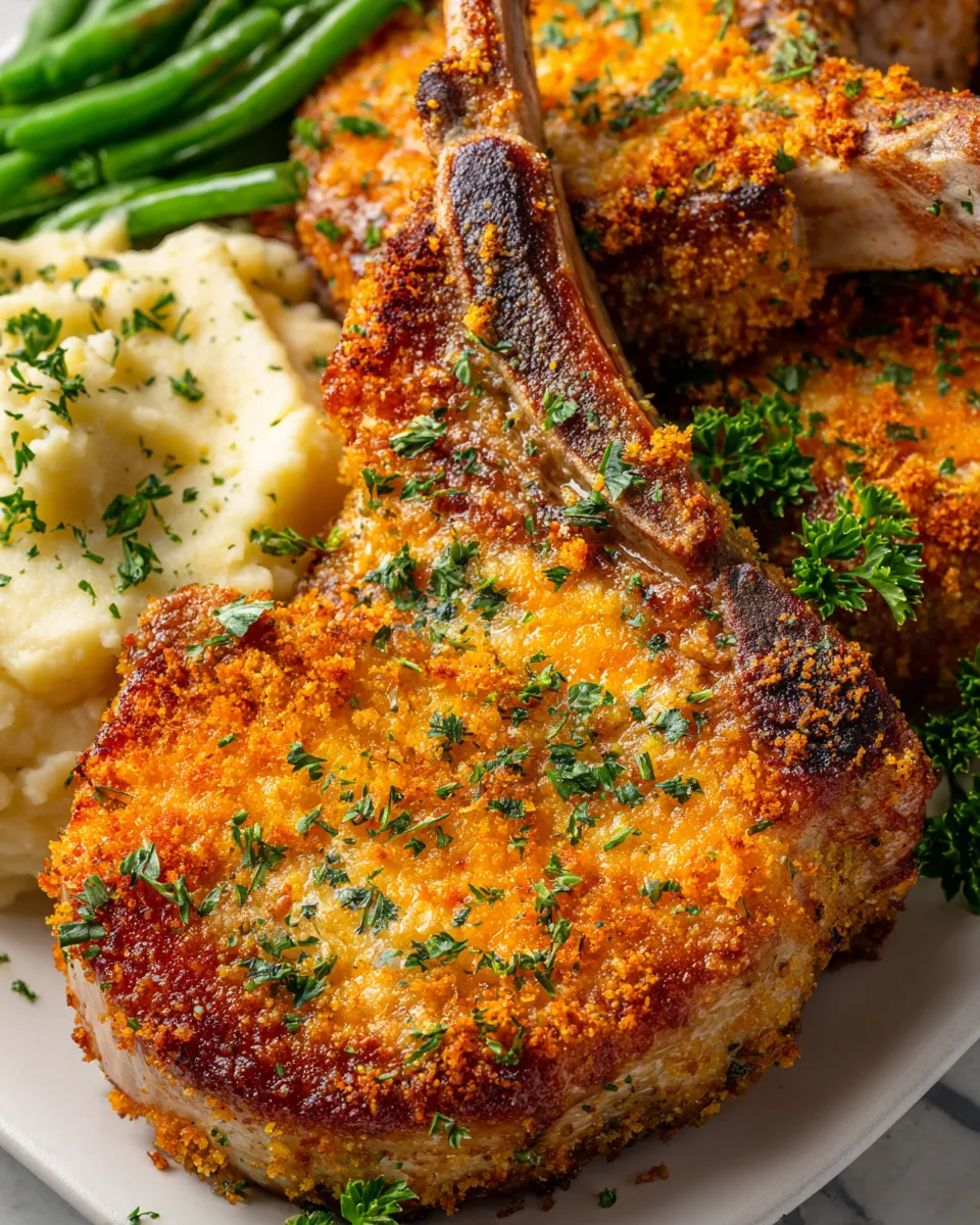 Delicious Parmesan-Crusted Pork Chops served crispy and golden, ideal for holiday meals, featuring flavorful panko breading and tender meat.