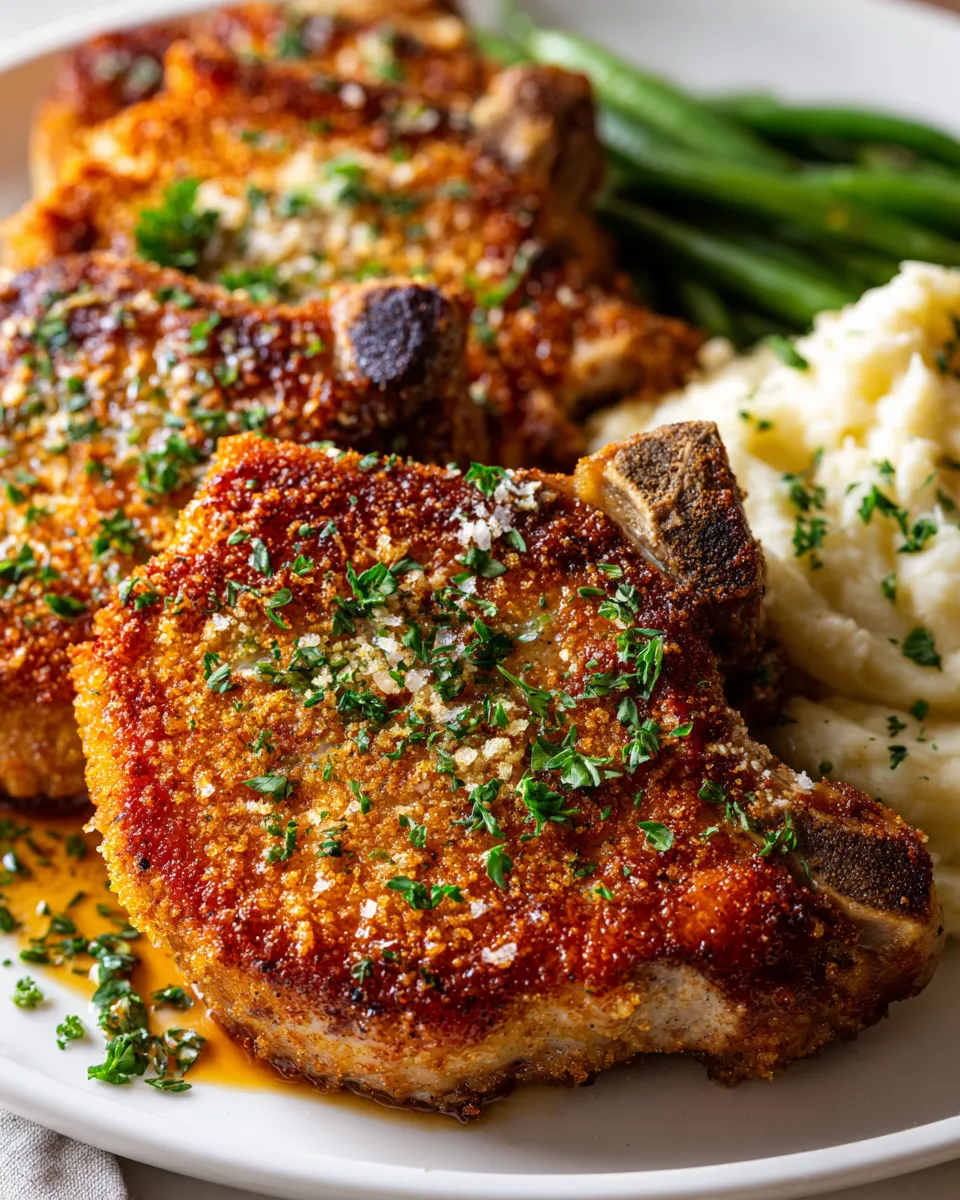 Delicious Parmesan-Crusted Pork Chops served crispy and golden, ideal for holiday meals, featuring flavorful panko breading and tender meat.