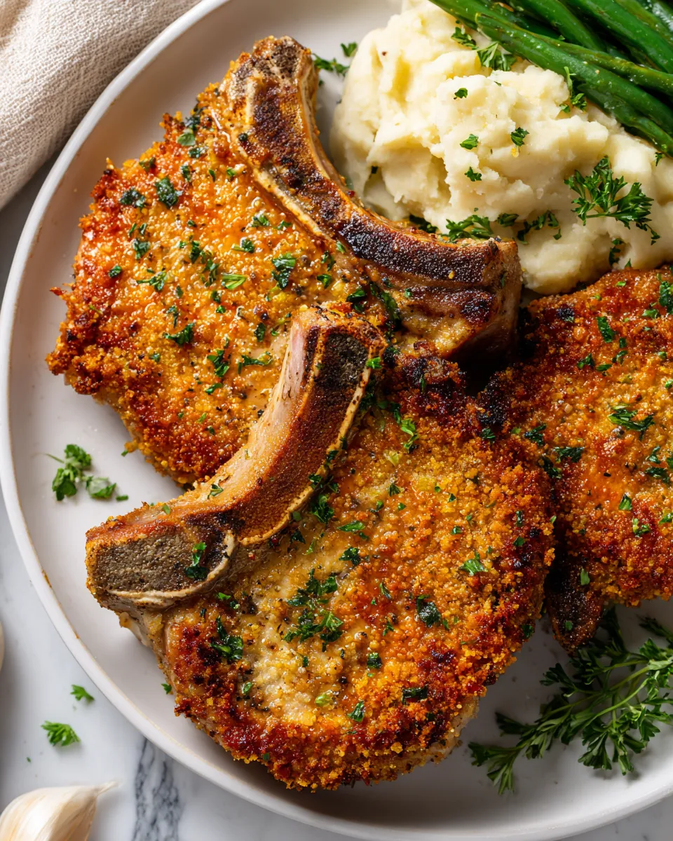Delicious Parmesan-Crusted Pork Chops served crispy and golden, ideal for holiday meals, featuring flavorful panko breading and tender meat.