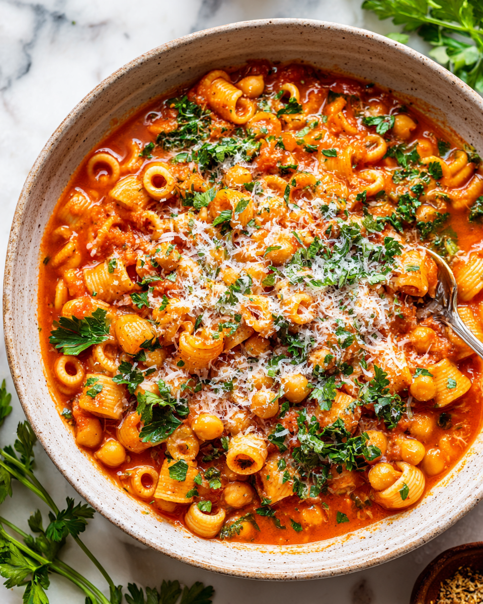 Warm and hearty Pasta e Ceci featuring chickpeas and ditalini cooked in vegetable broth, ideal for winter