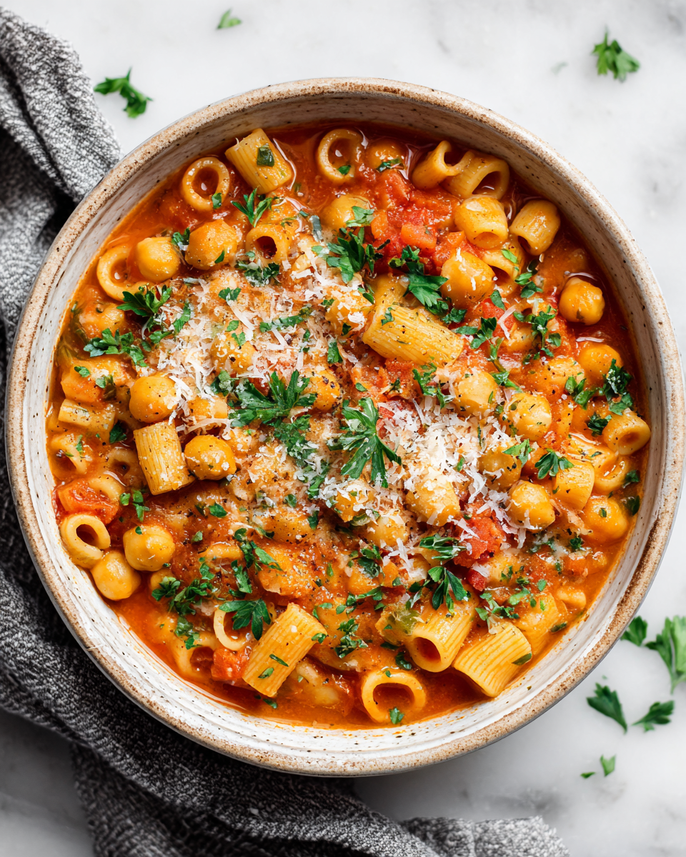 Warm and hearty Pasta e Ceci featuring chickpeas and ditalini cooked in vegetable broth, ideal for winter