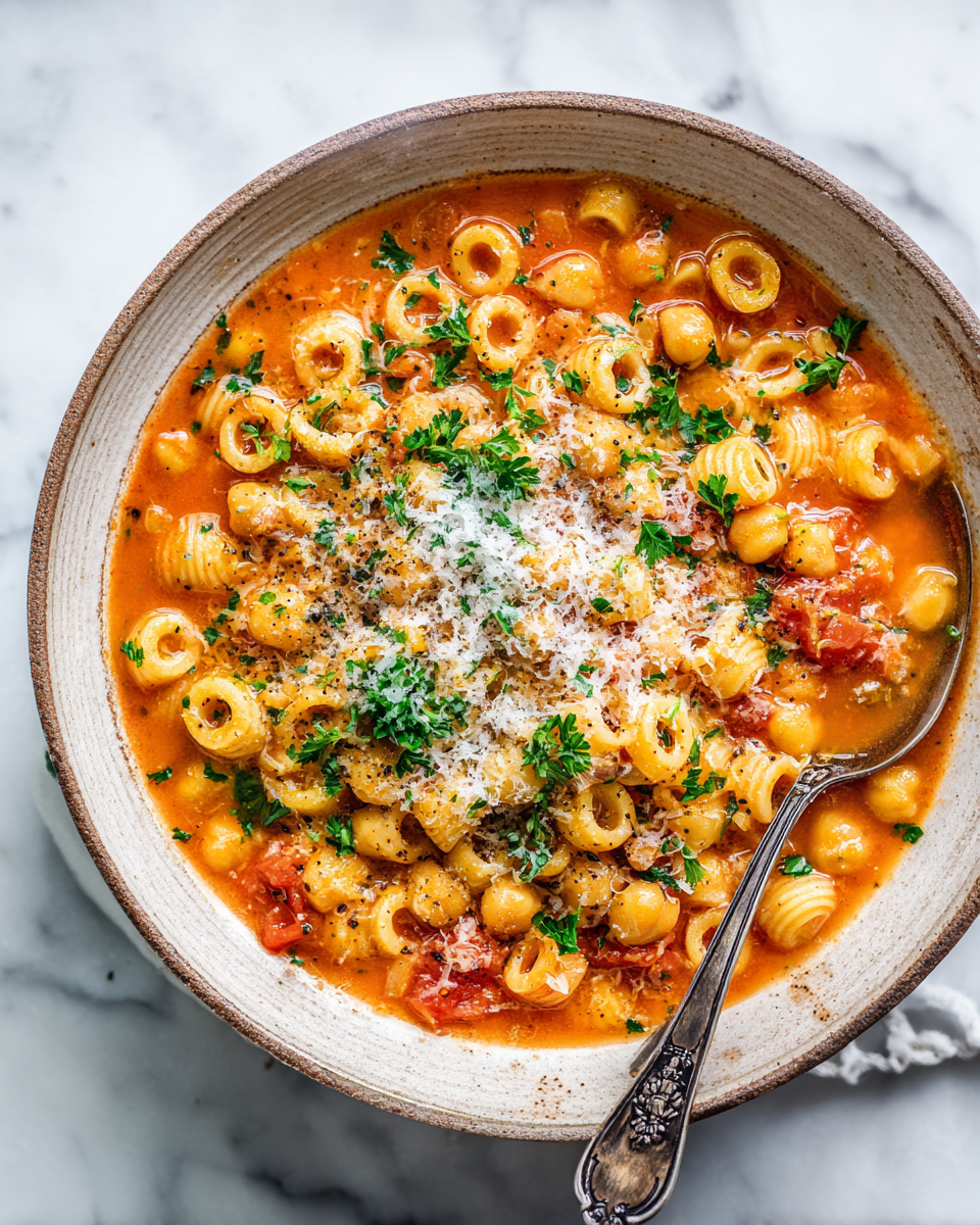 Warm and hearty Pasta e Ceci featuring chickpeas and ditalini cooked in vegetable broth, ideal for winter