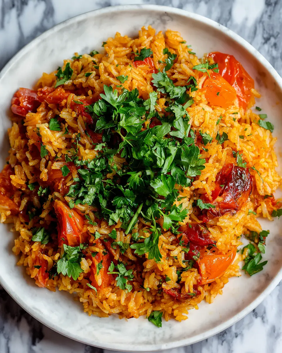 A vibrant Persian Tomato Rice dish featuring basmati rice, succulent tomatoes, and aromatic spices, perfect for holiday gatherings.