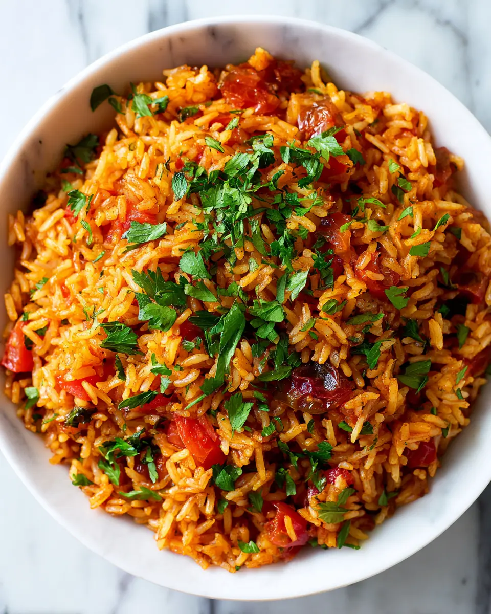 A vibrant Persian Tomato Rice dish featuring basmati rice, succulent tomatoes, and aromatic spices, perfect for holiday gatherings.