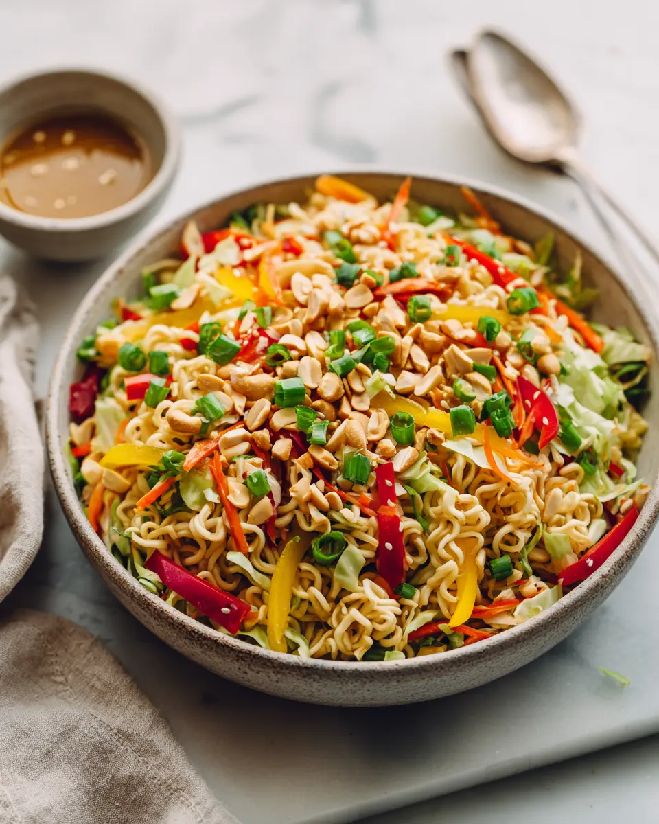 Vibrant Ramen Noodle Salad with Cabbage - a refreshing side dish perfect for holiday gatherings, featuring crunchy veggies and a tasty dressing.