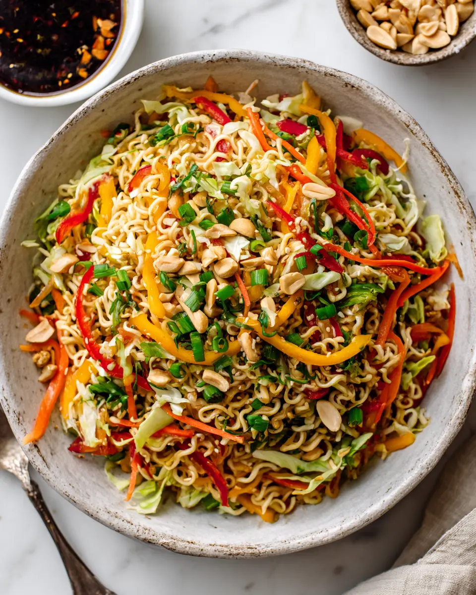 Vibrant Ramen Noodle Salad with Cabbage - a refreshing side dish perfect for holiday gatherings, featuring crunchy veggies and a tasty dressing.