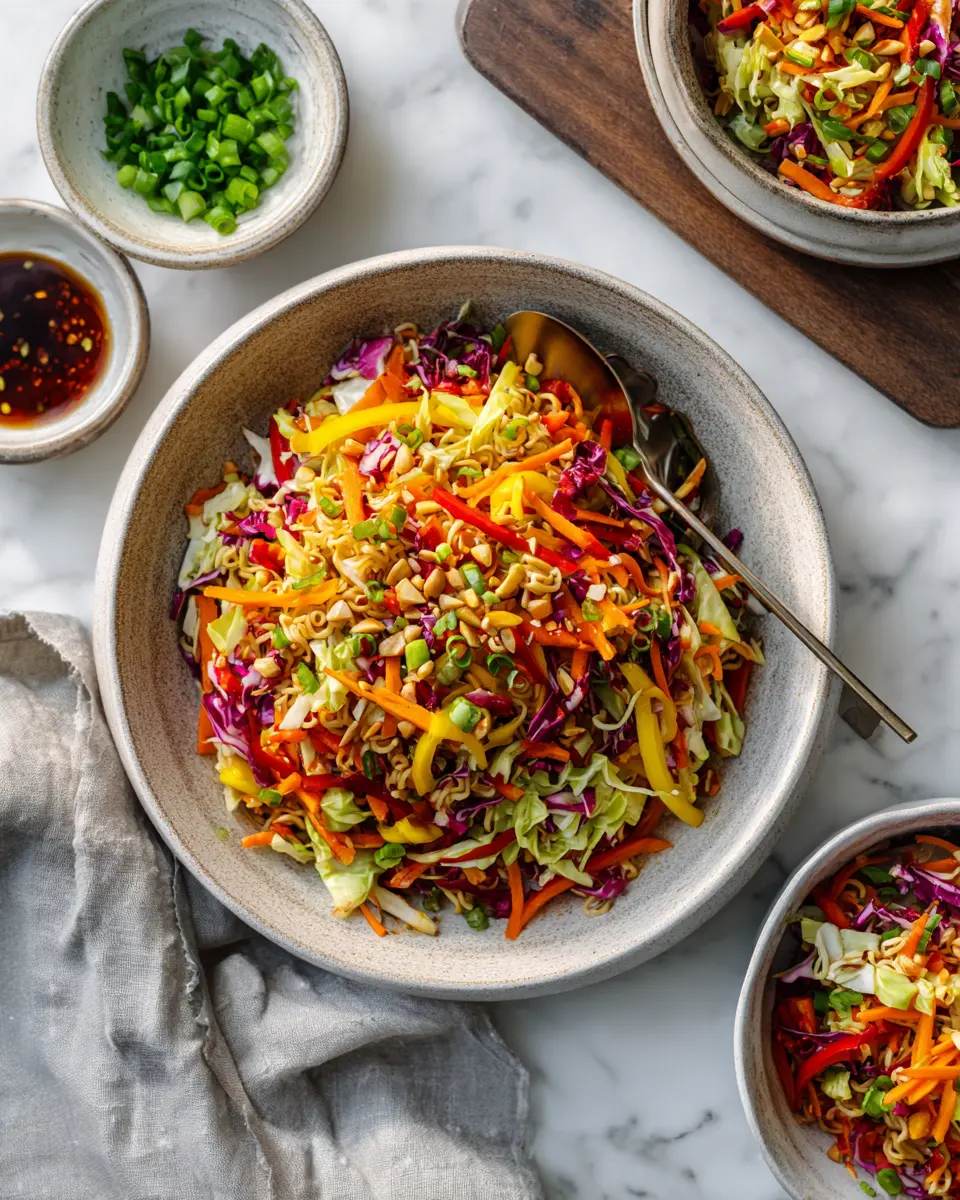 Vibrant Ramen Noodle Salad with Cabbage - a refreshing side dish perfect for holiday gatherings, featuring crunchy veggies and a tasty dressing.