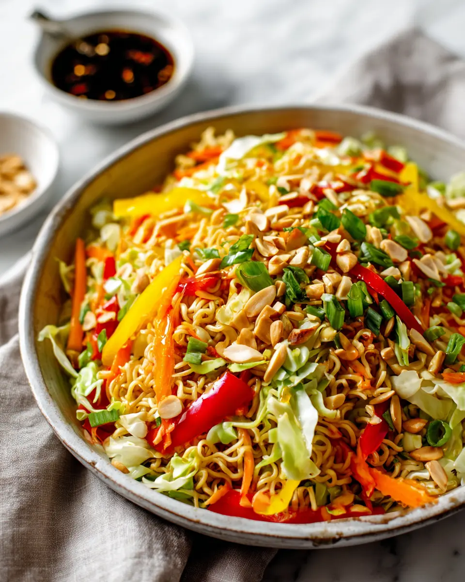 Vibrant Ramen Noodle Salad with Cabbage - a refreshing side dish perfect for holiday gatherings, featuring crunchy veggies and a tasty dressing.