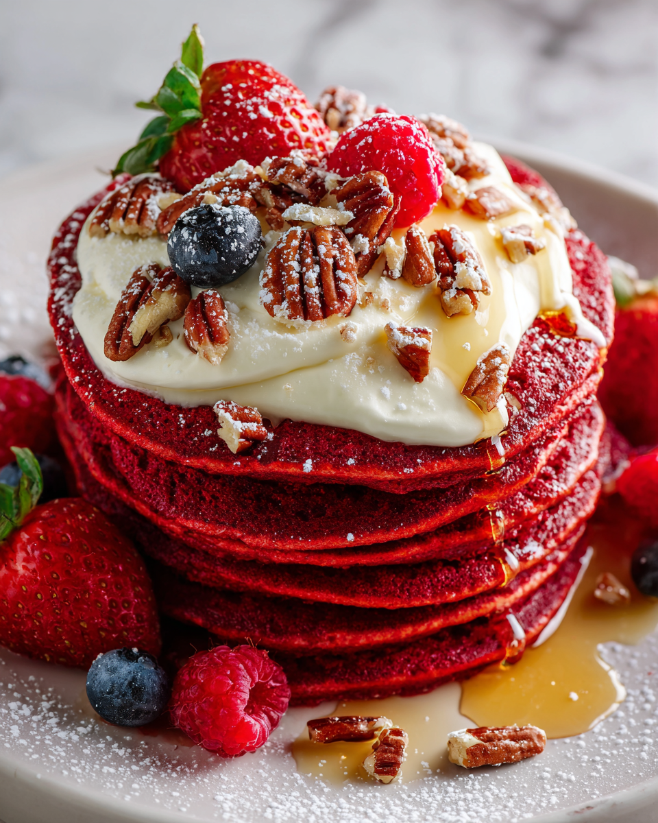 Fluffy red velvet pancakes topped with cream cheese frosting, perfect for festive brunches.