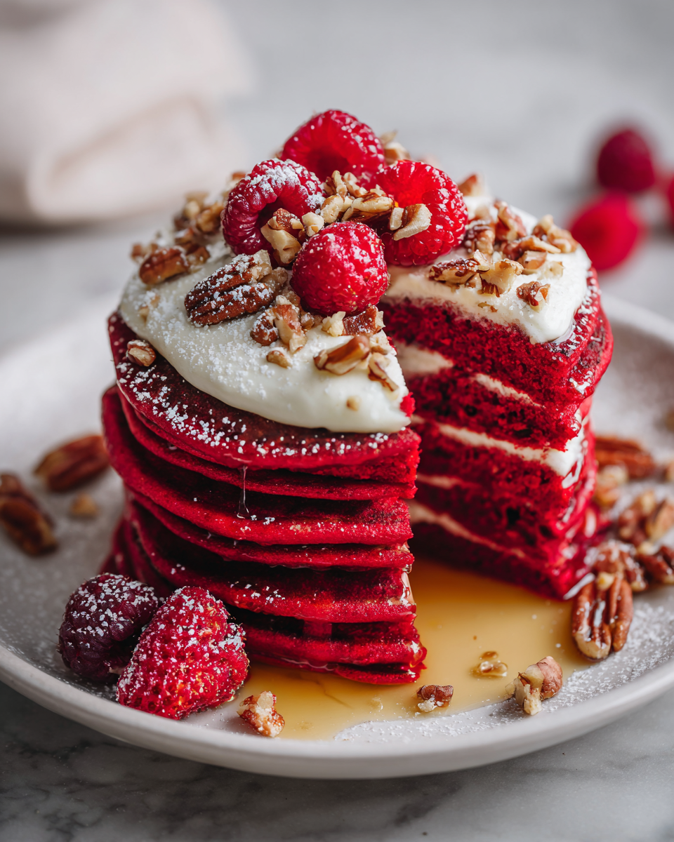 Fluffy red velvet pancakes topped with cream cheese frosting, perfect for festive brunches.