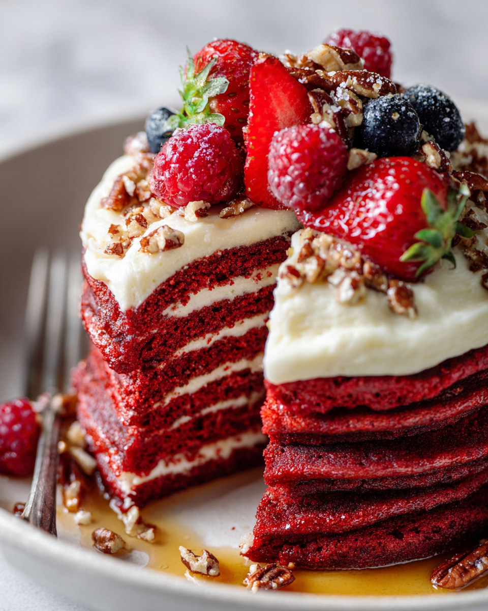 Fluffy red velvet pancakes topped with cream cheese frosting, perfect for festive brunches.