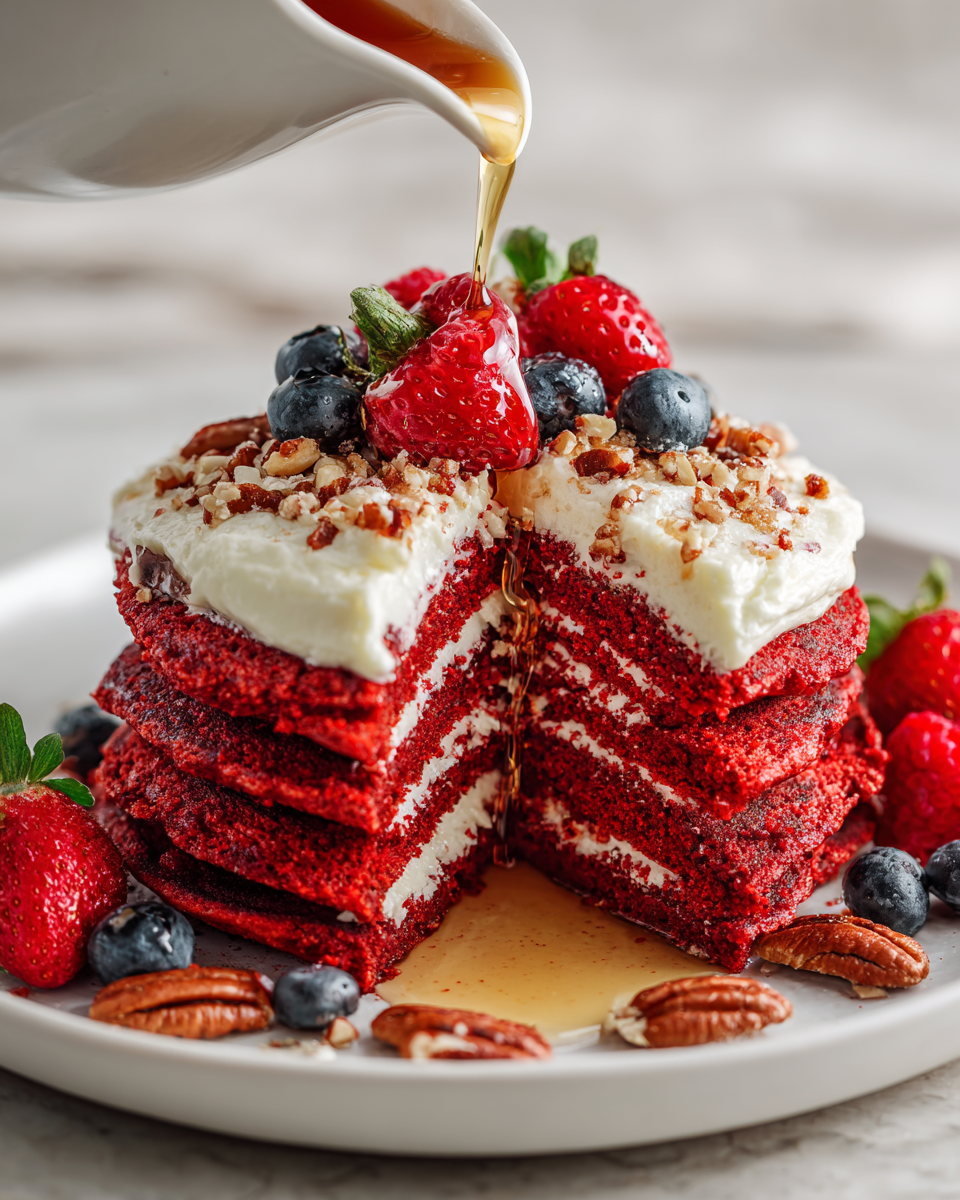 Fluffy red velvet pancakes topped with cream cheese frosting, perfect for festive brunches.