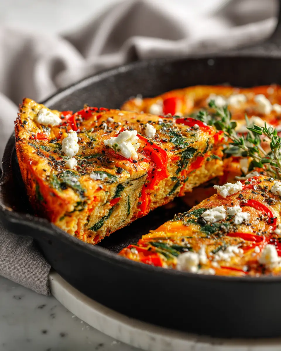 Roasted red pepper and spinach frittata served warm, a colorful dish ideal for brunch gatherings, showcasing vibrant flavors and fresh ingredients.