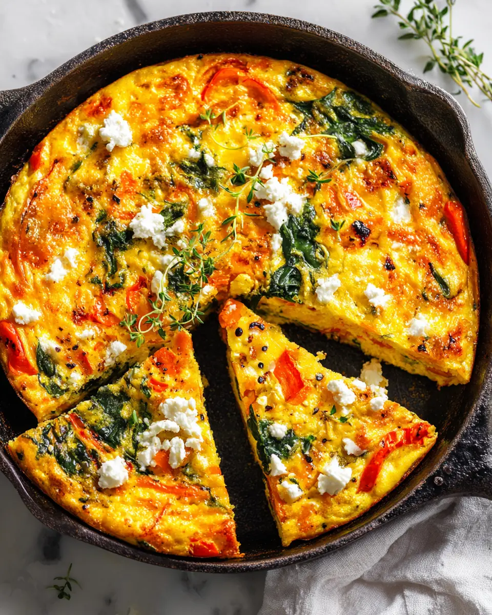 Roasted red pepper and spinach frittata served warm, a colorful dish ideal for brunch gatherings, showcasing vibrant flavors and fresh ingredients.