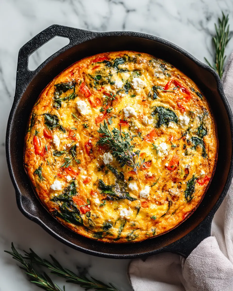 Roasted red pepper and spinach frittata served warm, a colorful dish ideal for brunch gatherings, showcasing vibrant flavors and fresh ingredients.