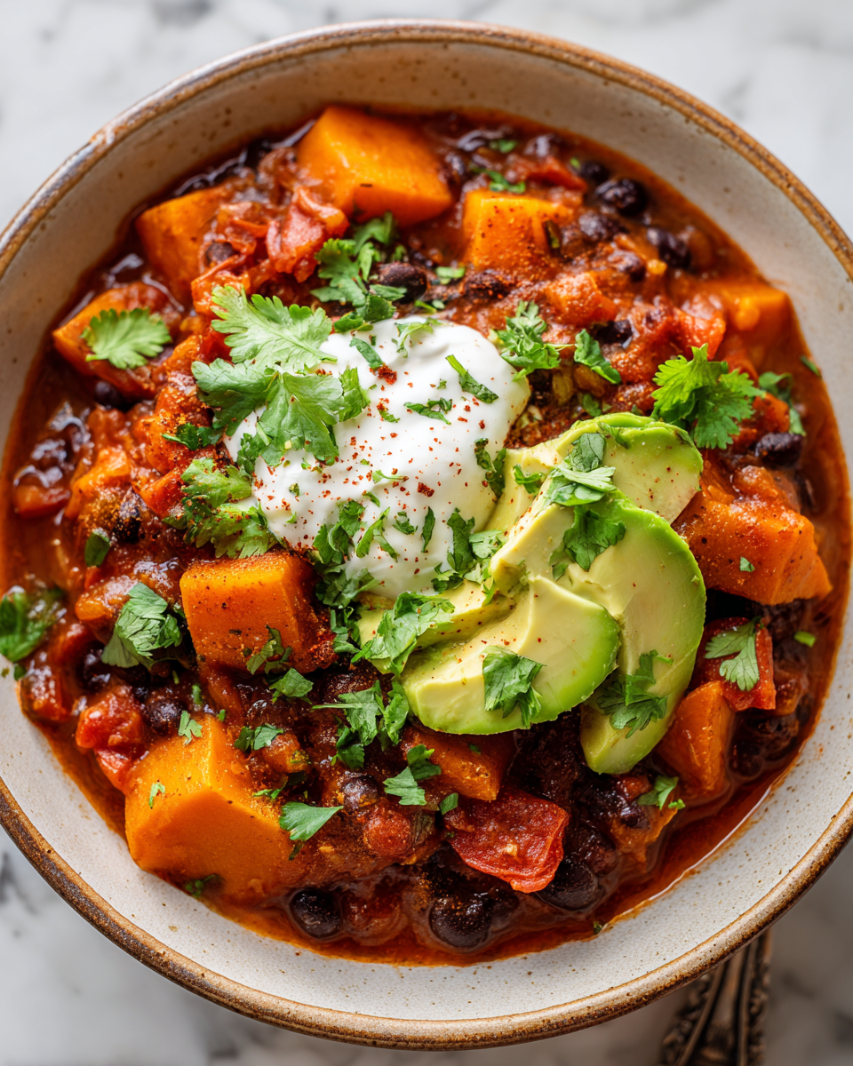 Slow Cooker Sweet Potato & Black Bean Chili - A hearty, meatless dish perfect for cold nights, made with sweet potatoes and black beans.
