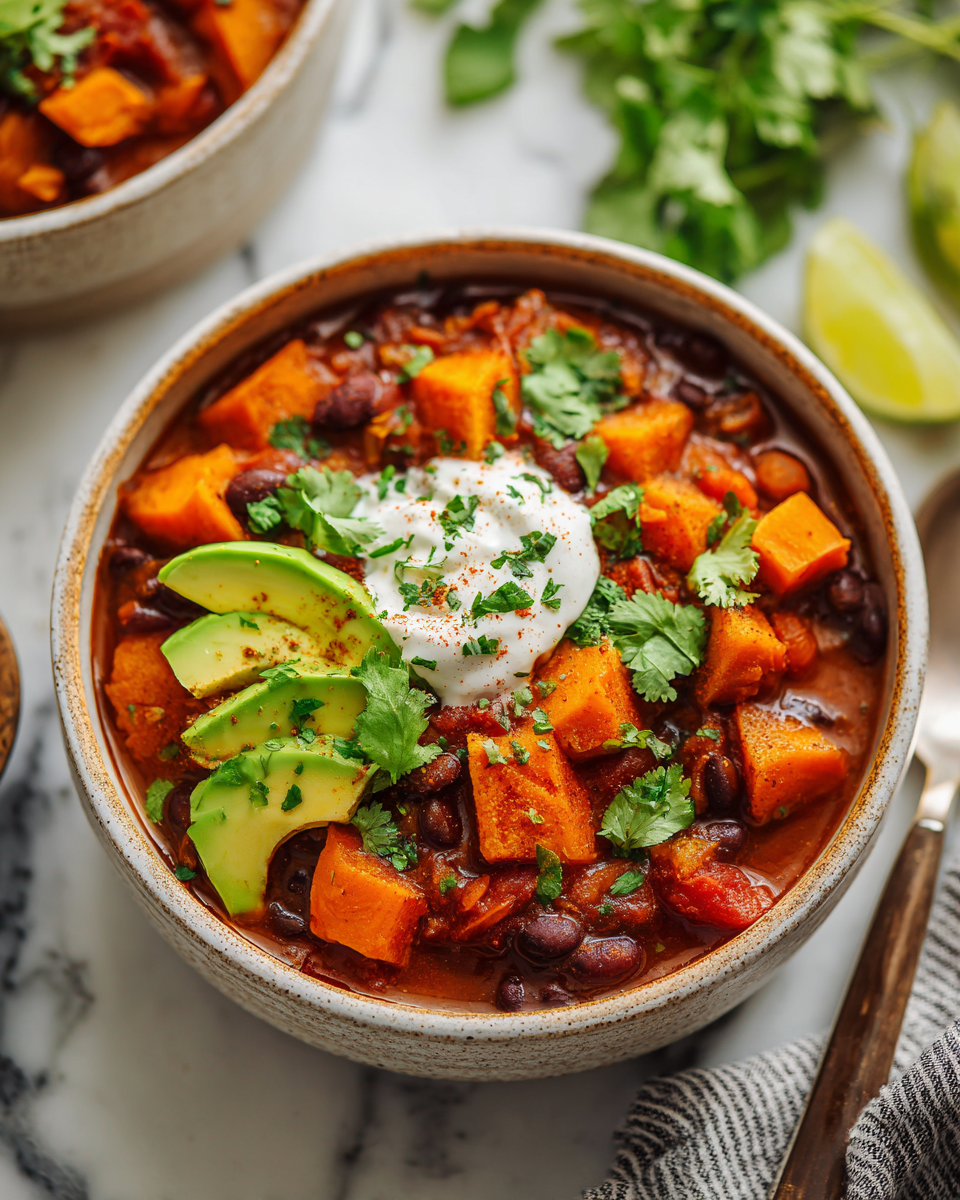 Slow Cooker Sweet Potato & Black Bean Chili - A hearty, meatless dish perfect for cold nights, made with sweet potatoes and black beans.