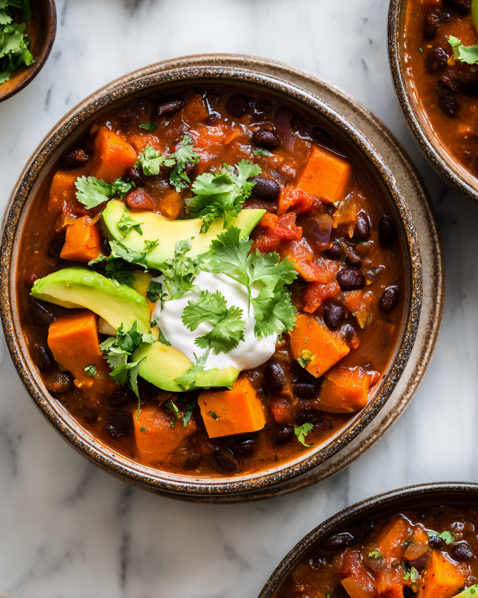 Slow Cooker Sweet Potato & Black Bean Chili - A hearty, meatless dish perfect for cold nights, made with sweet potatoes and black beans.