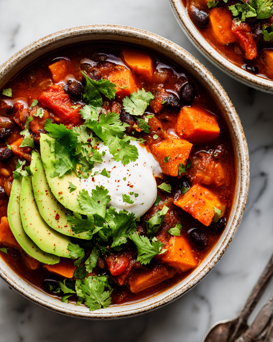 Slow Cooker Sweet Potato & Black Bean Chili - A hearty, meatless dish perfect for cold nights, made with sweet potatoes and black beans.
