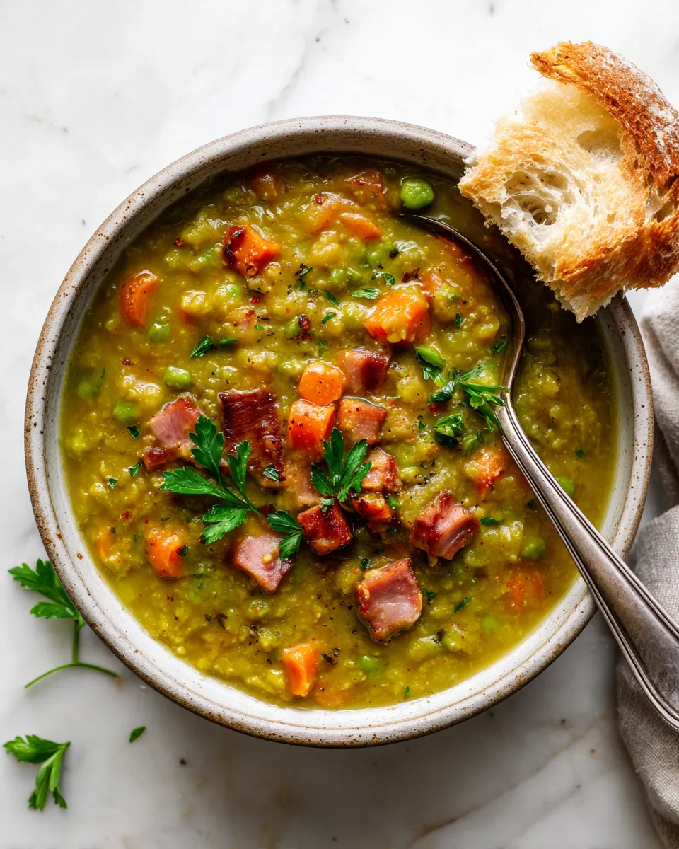 Slow cooker split pea soup with ham, vegetables, and herbs - a heartwarming dish for chilly nights