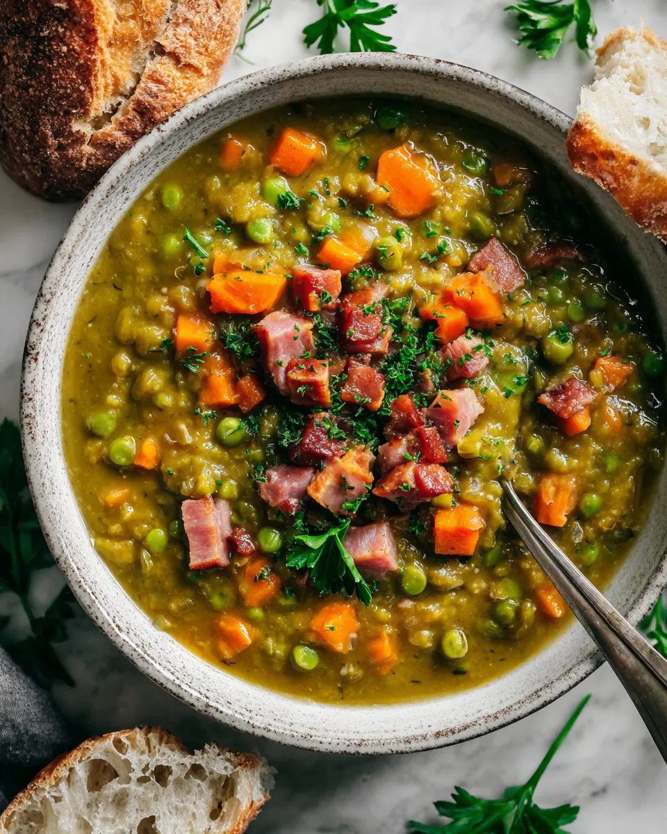 Slow cooker split pea soup with ham, vegetables, and herbs - a heartwarming dish for chilly nights