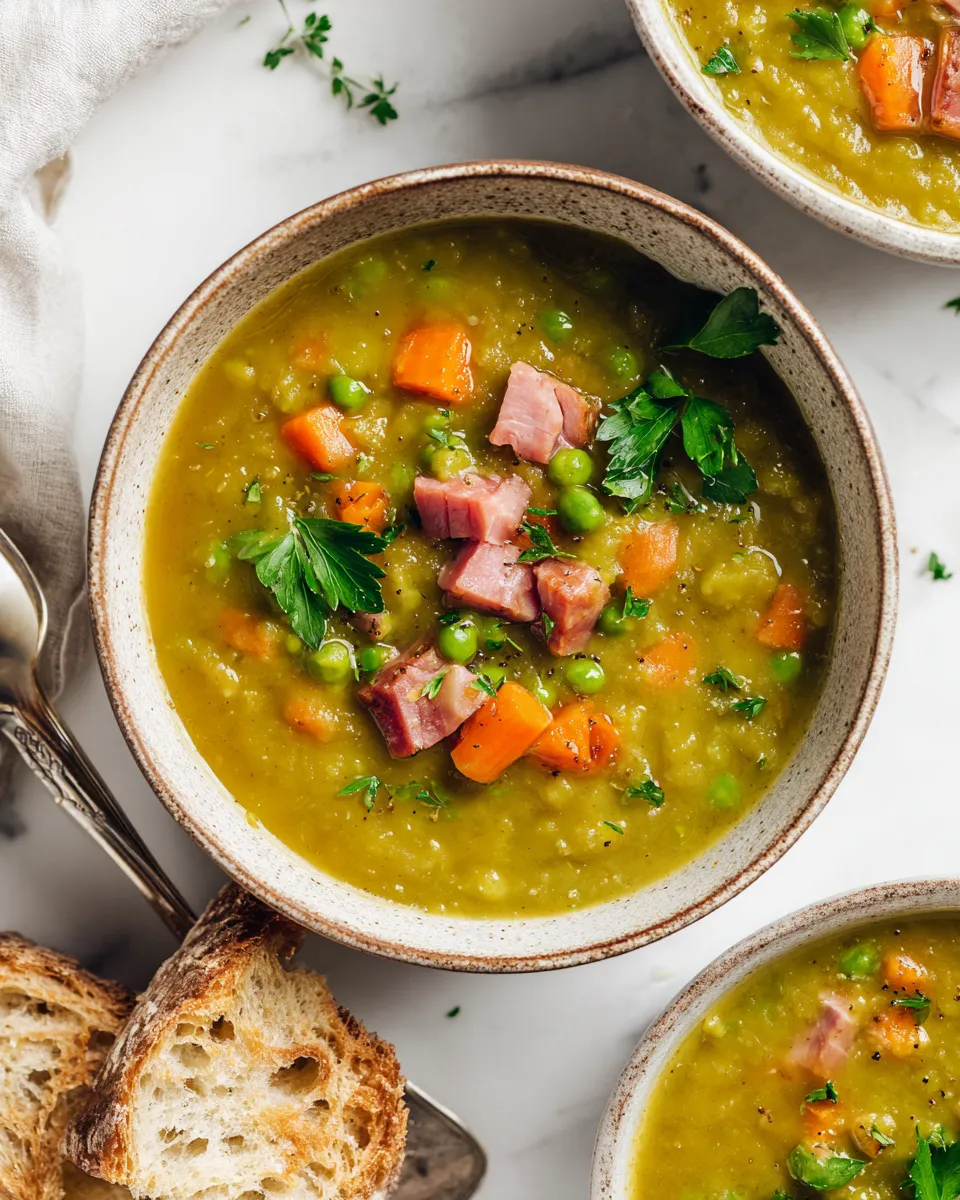 Slow cooker split pea soup with ham, vegetables, and herbs - a heartwarming dish for chilly nights