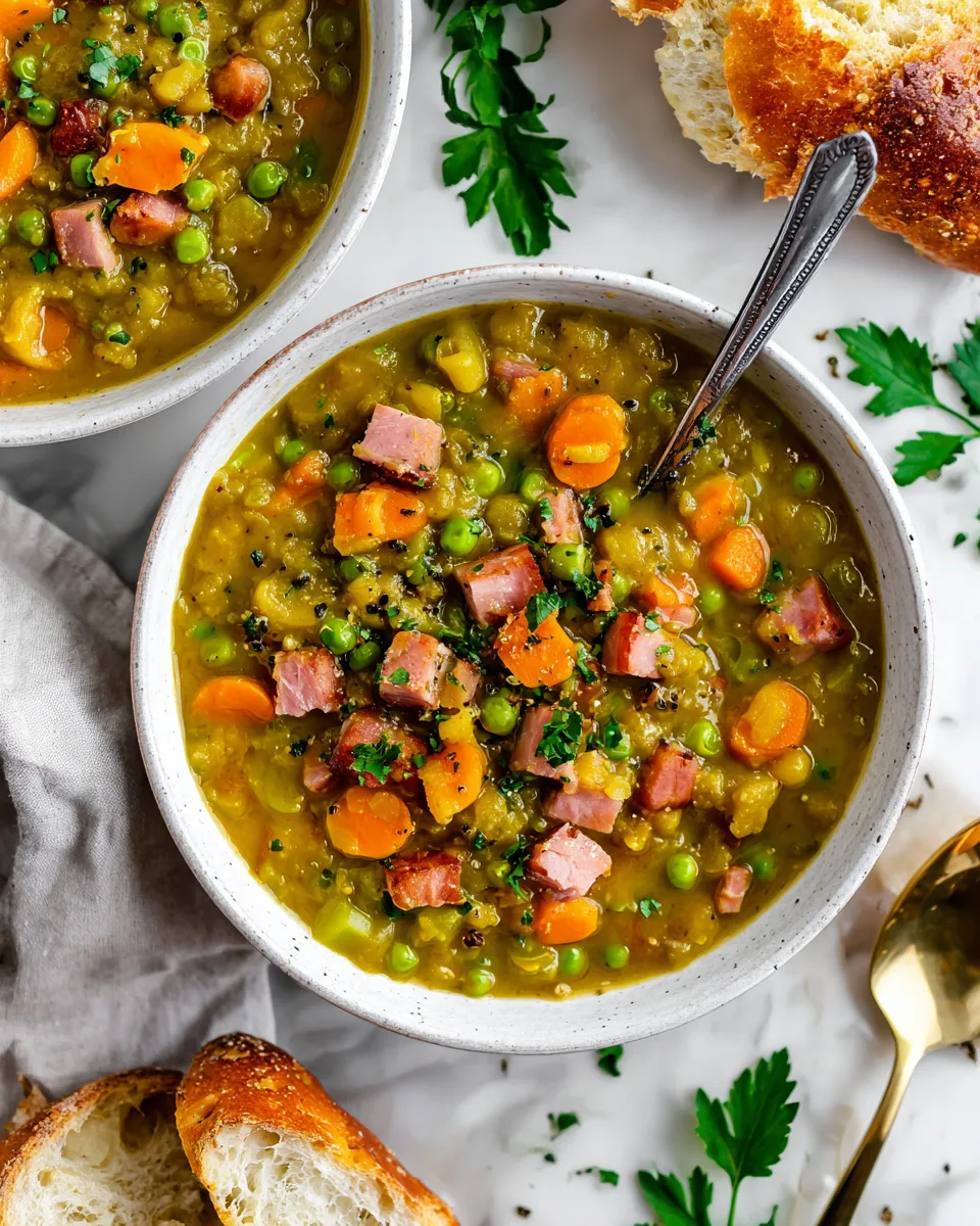 Slow cooker split pea soup with ham, vegetables, and herbs - a heartwarming dish for chilly nights
