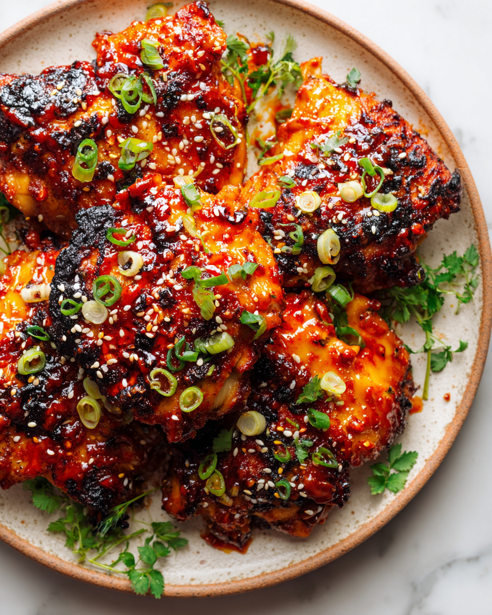 Delicious Spicy Gochujang Chicken served with garnish and vibrant colors