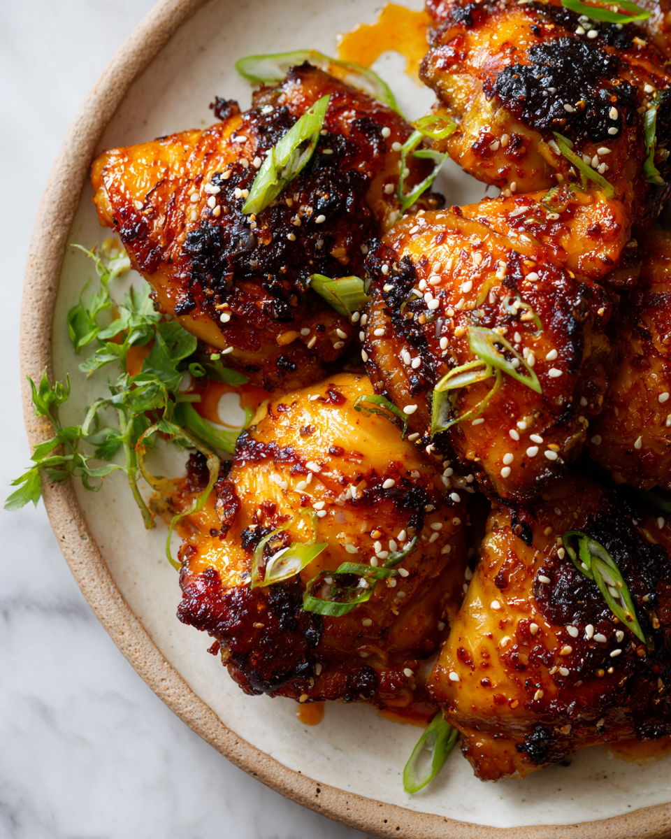 Delicious Spicy Gochujang Chicken served with garnish and vibrant colors