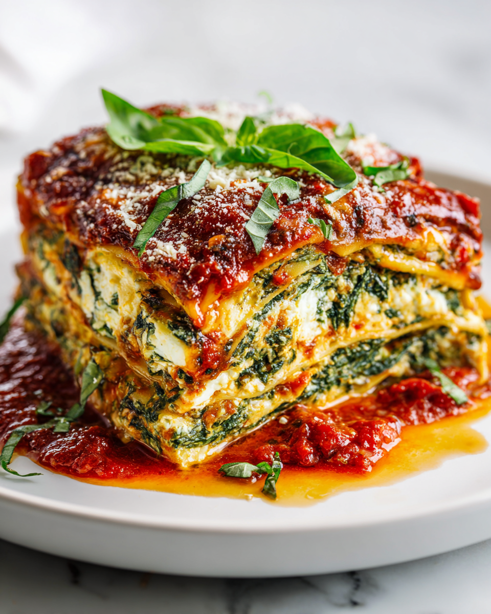 Delicious Spinach Lasagna with Ricotta bake, featuring layers of creamy ricotta, fresh spinach, and melted mozzarella, perfect for holiday gatherings.