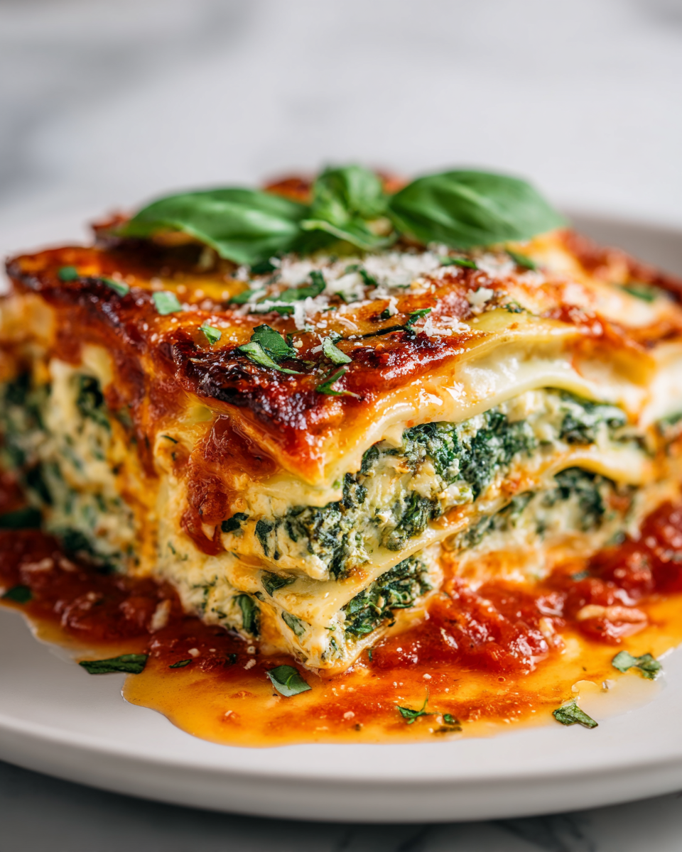 Delicious Spinach Lasagna with Ricotta bake, featuring layers of creamy ricotta, fresh spinach, and melted mozzarella, perfect for holiday gatherings.