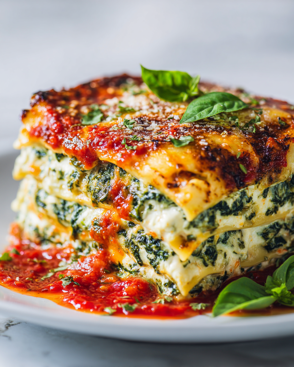 Delicious Spinach Lasagna with Ricotta bake, featuring layers of creamy ricotta, fresh spinach, and melted mozzarella, perfect for holiday gatherings.