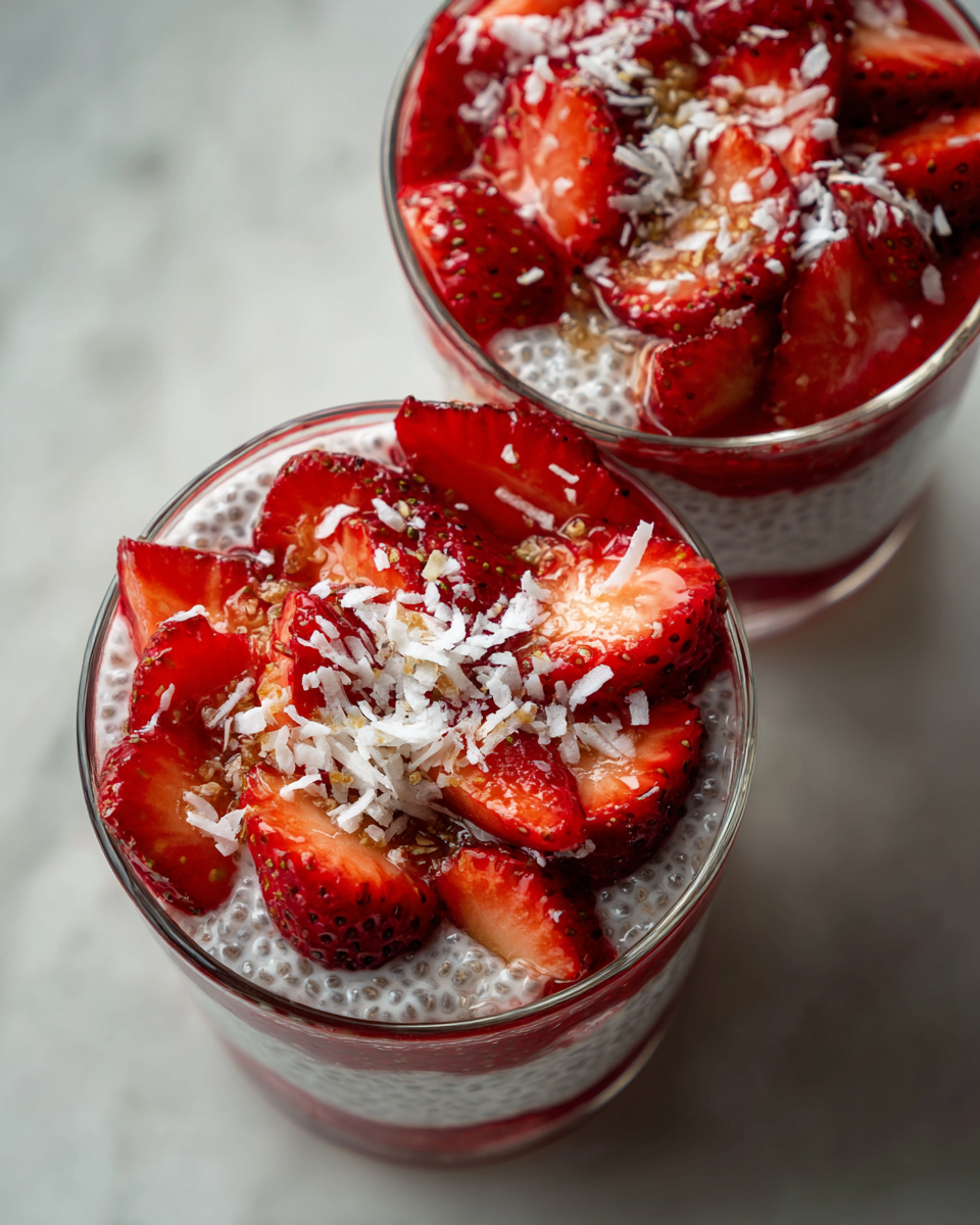Strawberry chia seed pudding topped with fresh strawberries for a healthy dessert option