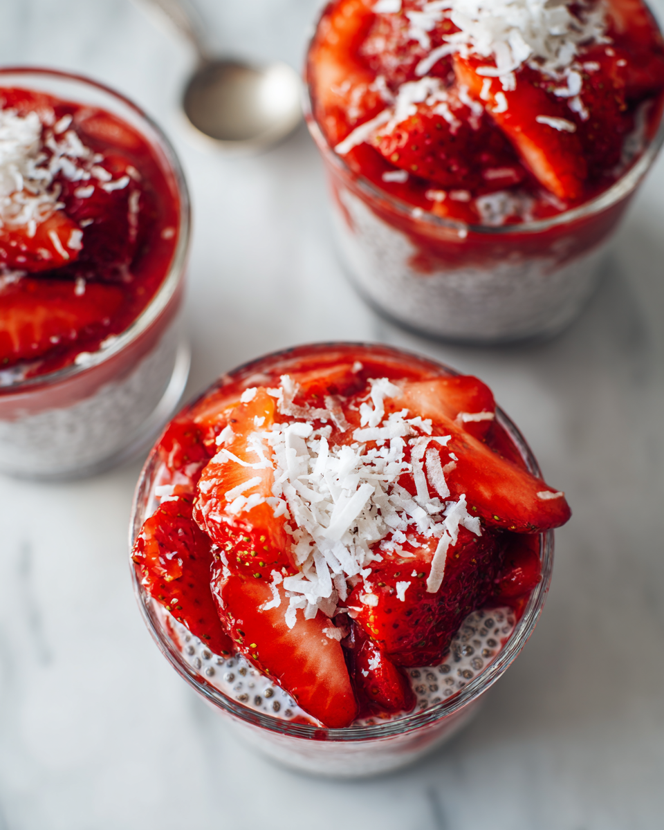 Strawberry chia seed pudding topped with fresh strawberries for a healthy dessert option