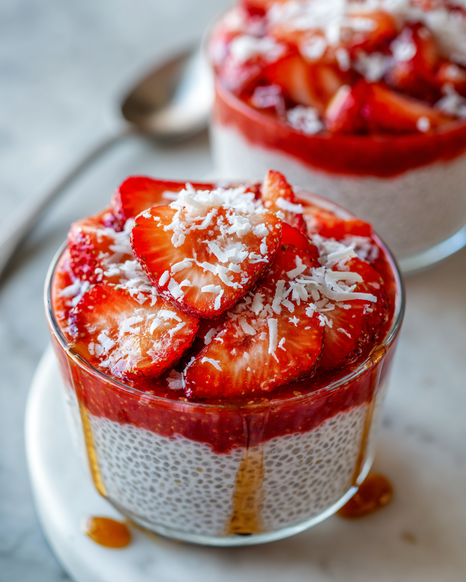 Strawberry chia seed pudding topped with fresh strawberries for a healthy dessert option