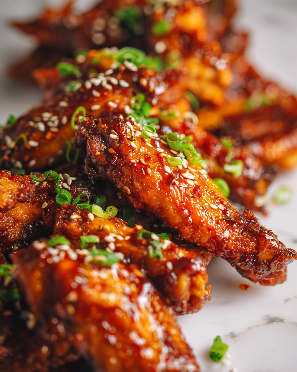 Baked sweet and spicy chicken wings topped with green onions and sesame seeds, ideal for parties and game nights, flavorful crowd-pleaser recipe.