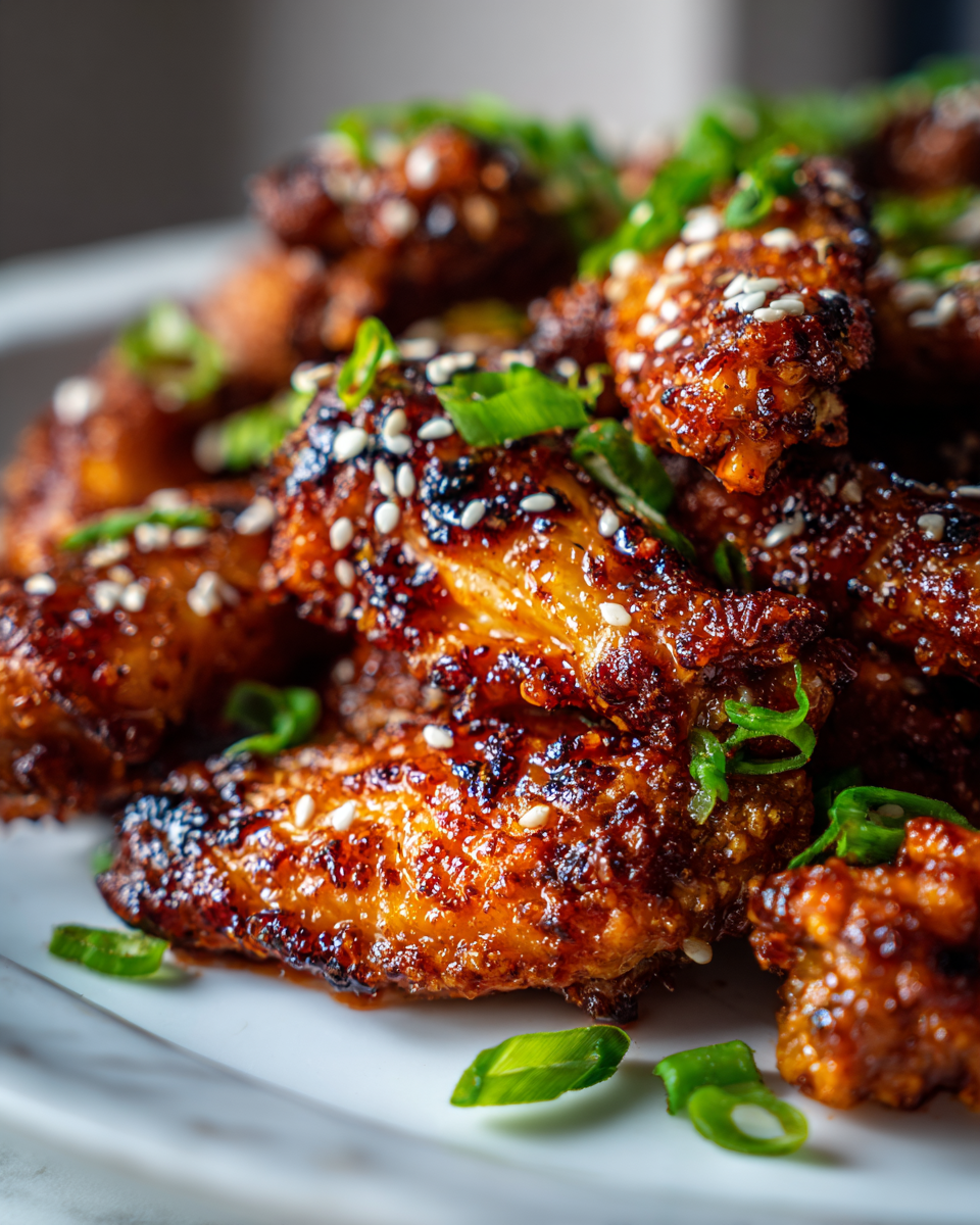 Baked sweet and spicy chicken wings topped with green onions and sesame seeds, ideal for parties and game nights, flavorful crowd-pleaser recipe.