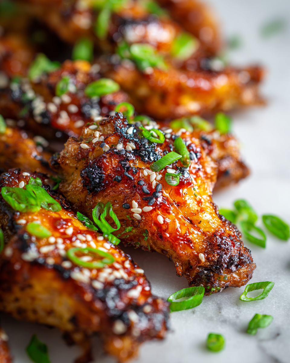Baked sweet and spicy chicken wings topped with green onions and sesame seeds, ideal for parties and game nights, flavorful crowd-pleaser recipe.