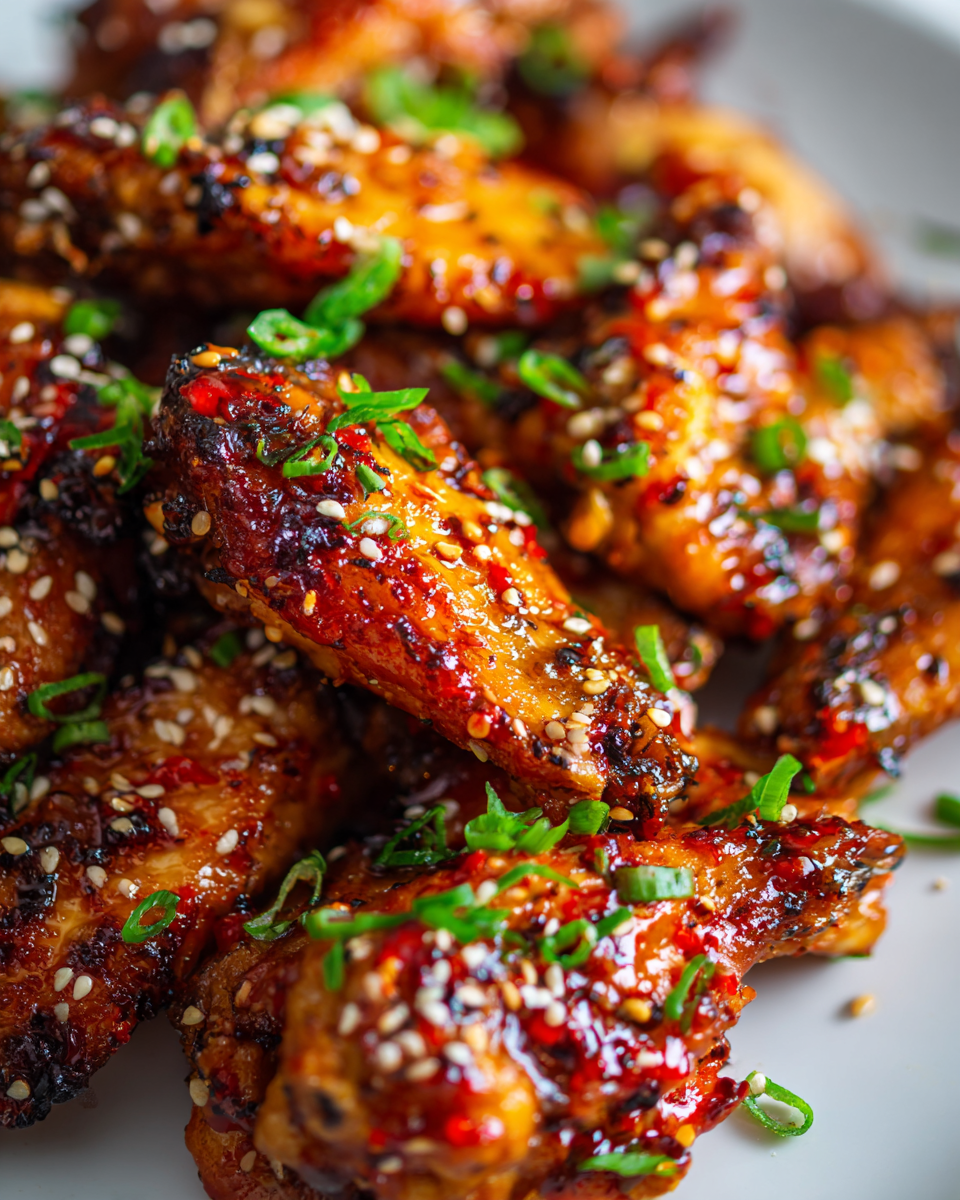 Baked sweet and spicy chicken wings topped with green onions and sesame seeds, ideal for parties and game nights, flavorful crowd-pleaser recipe.