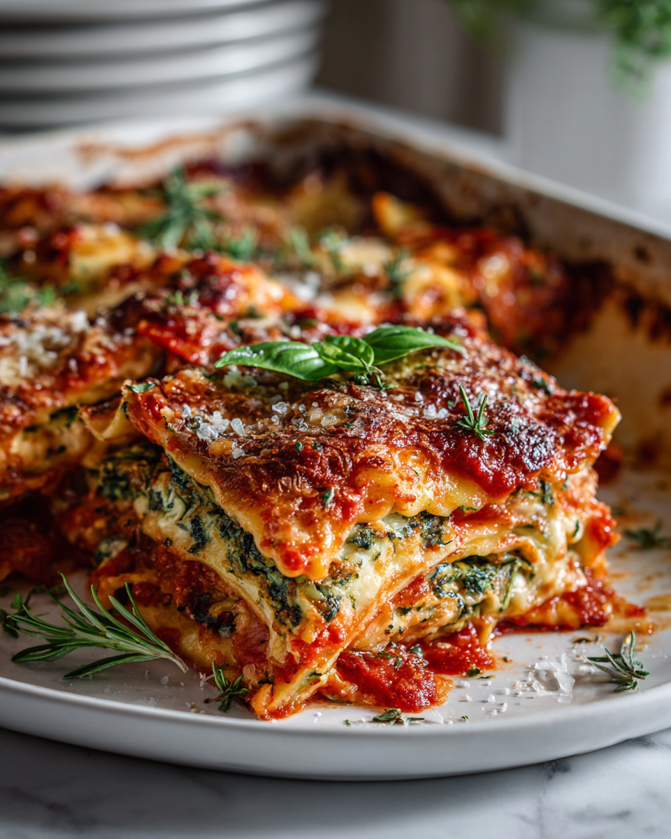 Delicious Tomato Spinach Ravioli Bake packed with layers of cheese, spinach, and rich tomato sauce, perfect for holiday meals.