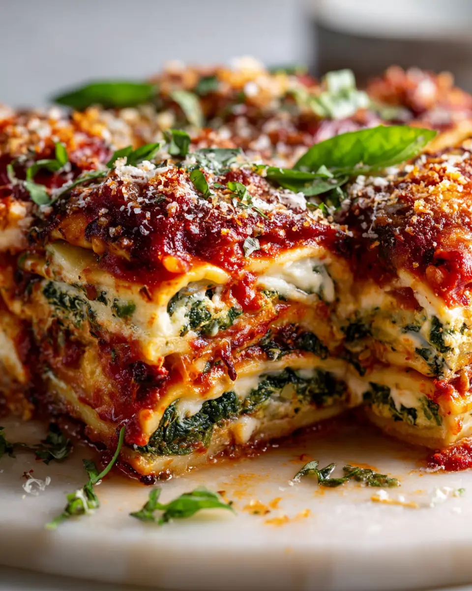 Delicious Tomato Spinach Ravioli Bake packed with layers of cheese, spinach, and rich tomato sauce, perfect for holiday meals.
